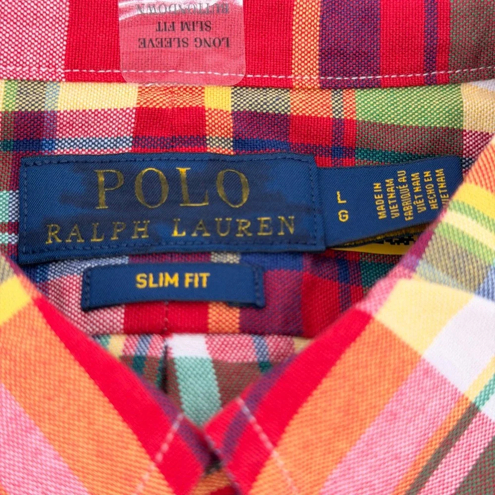 Polo Ralph Lauren Button Down Mens L Red Plaid Slim Fit Madras Long Sleeve Shirt